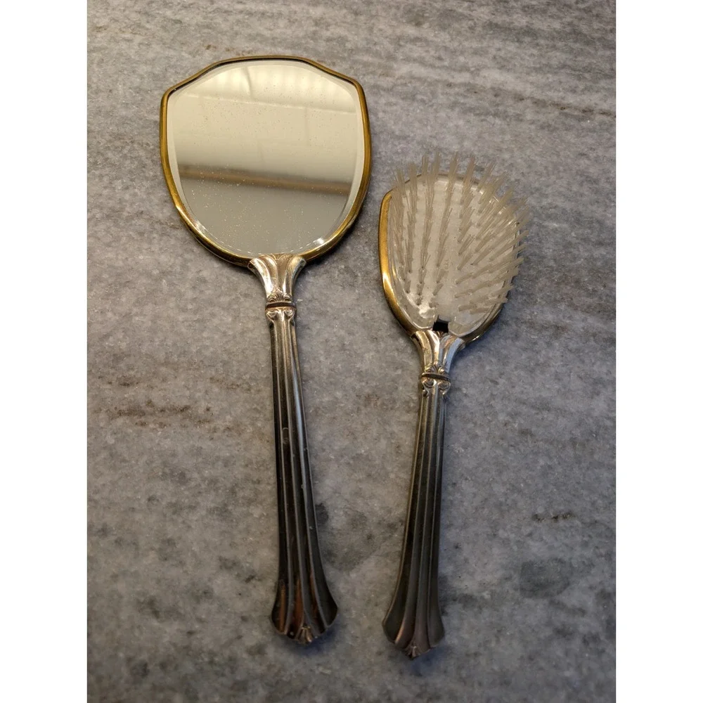 Vintage‎ Mirror and Brush Set Vanity Set Gold Tone Floral Design